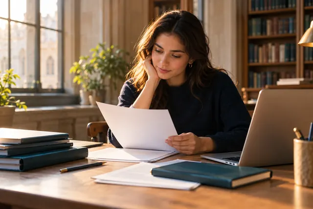 Student preparing application documents at a sunlit desk