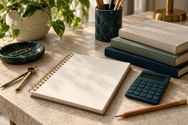 Calculator, blank notebook and books arranged for study-budget planning